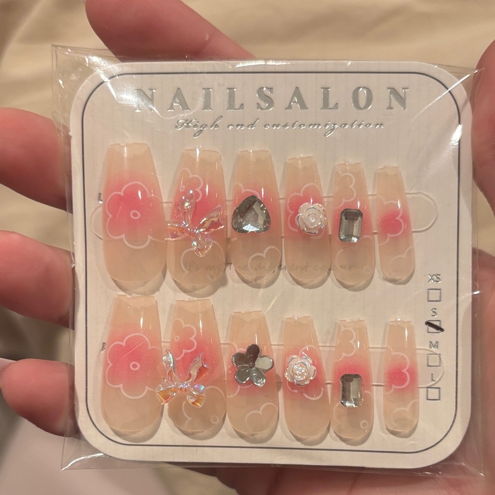 Floral Pink Ombre Press-On Nails with Gems